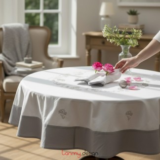 Khăn trải bàn tròn 230 trắng thêu hoa cẩm tú cầu ghi